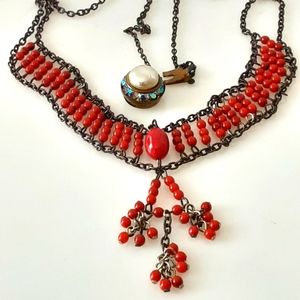 VICTORIAN REVIVAL Simulated Coral Pearl AB Clasp Tassel Drop Necklace 19"
